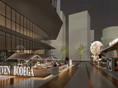 Vibrant Bodega Style Outdoor Cafe At Night With Glass Facade And Seating Area 3d model