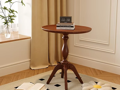 Round Top Wooden Side Table with Pedestal Base and Books Clock on Top 3d model