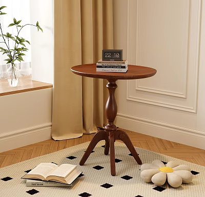 Round Top Wooden Side Table with Pedestal Base and Books Clock on Top 3d model