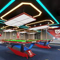 Modern Billiard Room Interior With Neon Lights Billiard Tables And Comfortable Seats