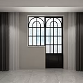 Floor to Ceiling Window With Arched Design Dark Curtains Light Walls And Marble Floor