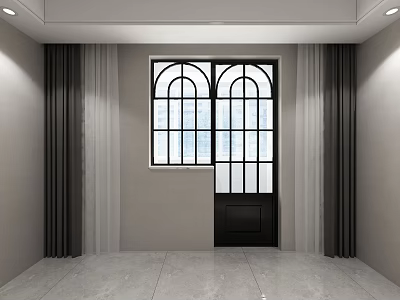 Floor to Ceiling Window With Arched Design Dark Curtains Light Walls And Marble Floor 3d model