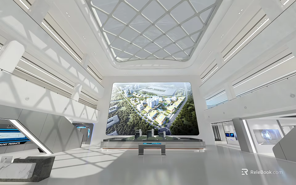 Modern Exhibition Hall With Large Digital Screen Showing City Planning Grid Ceiling And Display Counter 3d model 