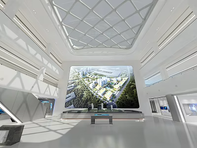 Modern Exhibition Hall With Large Digital Screen Showing City Planning Grid Ceiling And Display Counter 3d model