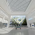 Modern Exhibition Hall With Large Digital Screen Showing City Planning Grid Ceiling And Display Counter