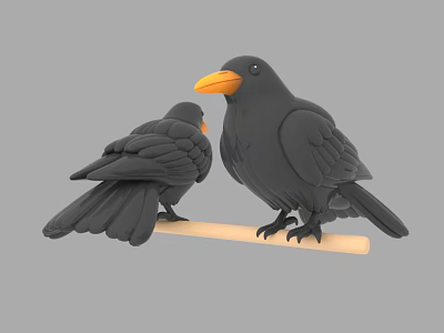 Two Black Flying Birds Perched on Wooden Stick with Orange Beaks 3d model