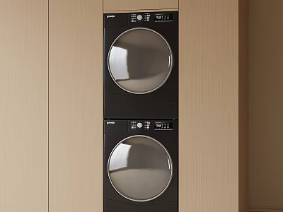 Modern Stacked Black Washing Machines In Light Wood Built In Cabinet Design 3d model