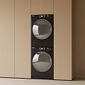 Modern Stacked Black Washing Machines In Light Wood Built In Cabinet Design
