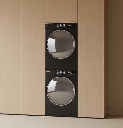 Modern Stacked Black Washing Machines In Light Wood Built In Cabinet Design 3d model