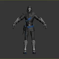 Hooded Masked Character In Gray Armor With Blue Accents Standing 3D Model Pose