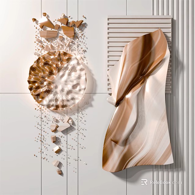 Abstract Painting Featuring Soft Brown Beige Tones Flowing Wave Patterns And Geometric Fragment Accents 3d model 