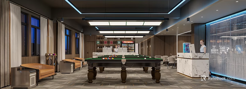 Modern Billiard Room Interior With Tables Seating Ceiling Lights And Shelves 3d model