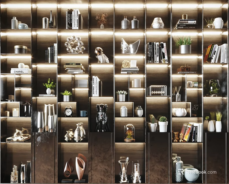 Modern Decorative Cabinet With Multiple Shelves Books Vases Decorative Items And Green Plants 3d model 