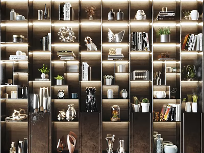Modern Decorative Cabinet With Multiple Shelves Books Vases Decorative Items And Green Plants 3d model