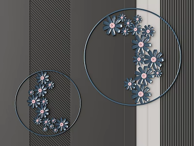 Circular Wall Decor With Blue And Pink Flower Decorations On Gray Striped Background 3d model