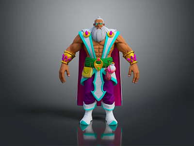 Muscular Old Man 3D Character in Purple Green Outfit with Ornate Cloak on Gray Background 3d model