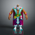 Muscular Old Man 3D Character in Purple Green Outfit with Ornate Cloak on Gray Background