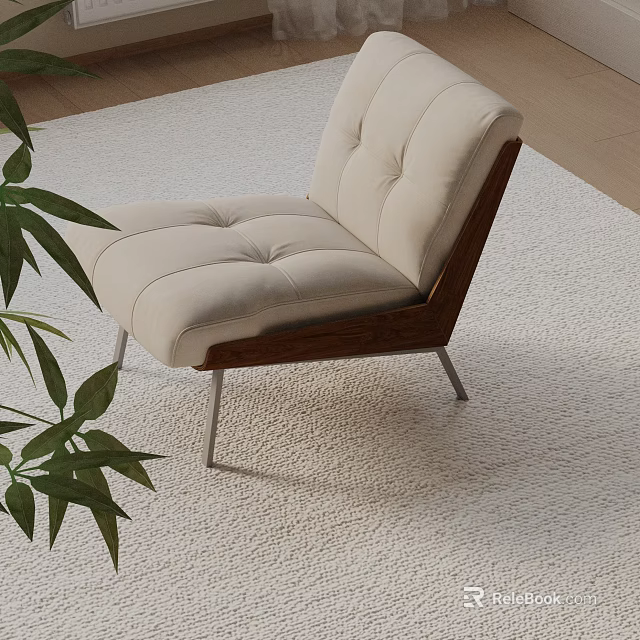 Tufted Beige Upholstered Accent Chair With Wooden Frame Metal Legs Near Potted Plant 3d model 