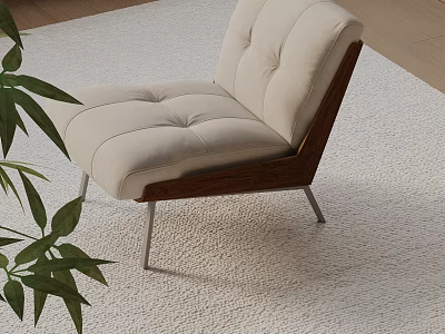 Tufted Beige Upholstered Accent Chair With Wooden Frame Metal Legs Near Potted Plant 3d model
