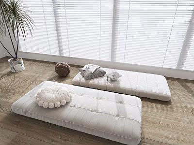 White Upholstered Daybeds On Wooden Floor With Window Blinds And Decorative Pillows 3d model