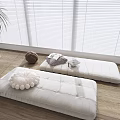 White Upholstered Daybeds On Wooden Floor With Window Blinds And Decorative Pillows