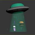 Green UFO Hovering With Burger And Drink Under Green Light Beam Drops