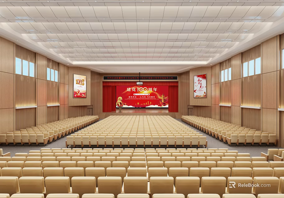 Large Conference Room Interior With Red Stage Arranged Seats And Posters On Both Sides 3d model 