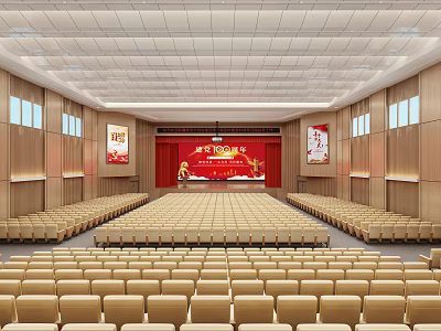 Large Conference Room Interior With Red Stage Arranged Seats And Posters On Both Sides 3d model