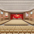Large Conference Room Interior With Red Stage Arranged Seats And Posters On Both Sides