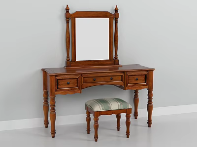 Wooden Dressing Table With Mirror Drawers And Striped Stool For Bedroom 3d model
