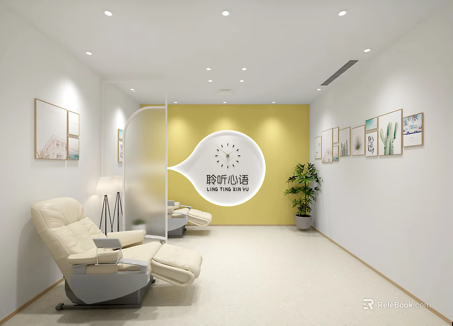 Warm Psychology Counseling Room Interior With Comfortable Reclining Chairs Green Plant And Decorative Paintings 3d model 