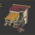 Small Traditional House With Red Tiled Roof Yellow Awning Brick Chimney Wooden Frame And Barrels