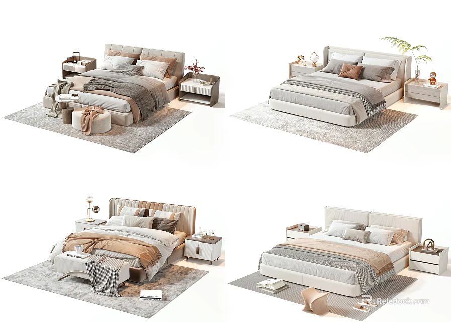 Modern Double Bed Bedroom Interior With Bedside Tables Decorative Pillows And Area Rugs 3d model 