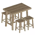 Simple Wooden Dining Table Set With Rectangular Table And Three Stools 3d model