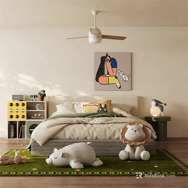 Cozy Kids Room Interior With Bed Stuffed Toys Bookshelf Ceiling Fan Light And Green Rug 3d model 