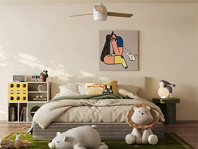 Cozy Kids Room Interior With Bed Stuffed Toys Bookshelf Ceiling Fan Light And Green Rug 3d model