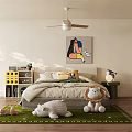 Cozy Kids Room Interior With Bed Stuffed Toys Bookshelf Ceiling Fan Light And Green Rug