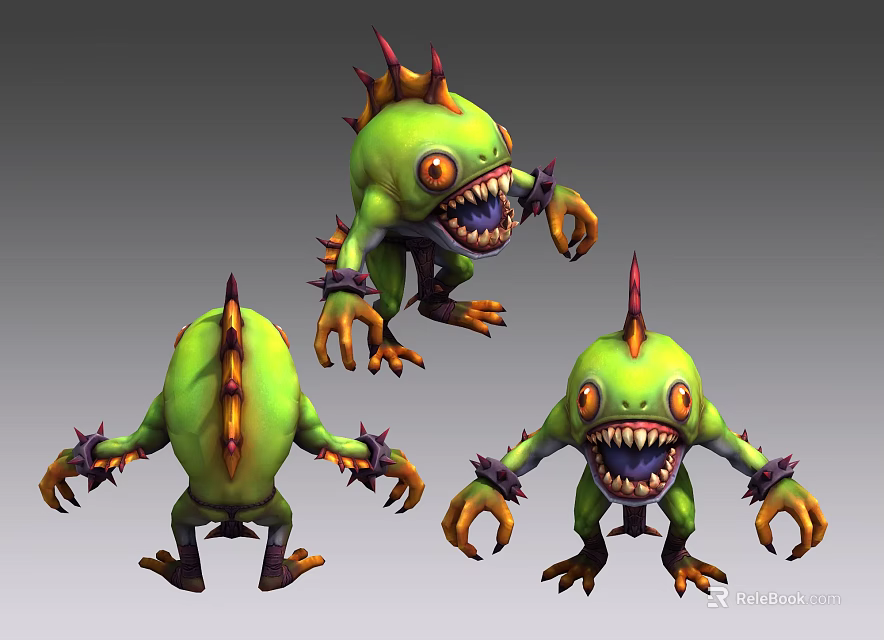 3D Monster Character Design Green Spiked Creature With Large Eyes Sharp Teeth And Clawed Hands 3d model