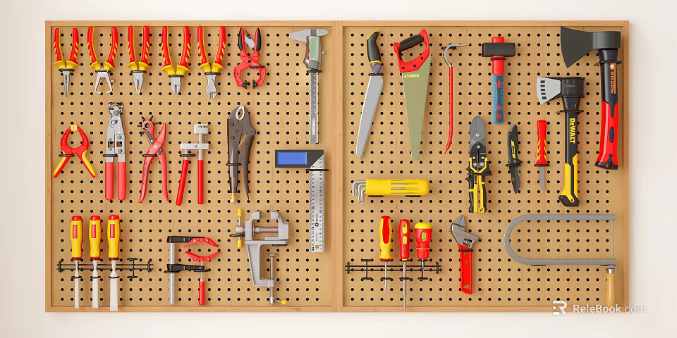 Assorted Hardware Tools Including Pliers Hammers Saws Wrenches And Screwdrivers Hung On Wooden Pegboard Wall 3d model 