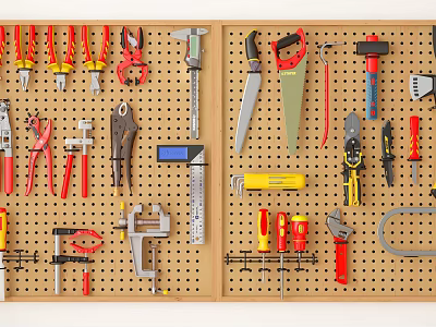 Assorted Hardware Tools Including Pliers Hammers Saws Wrenches And Screwdrivers Hung On Wooden Pegboard Wall 3d model