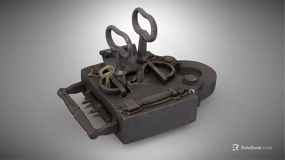 Antique Iron Door Handle With Intricate Traditional Lock Mechanism Design 3d model 