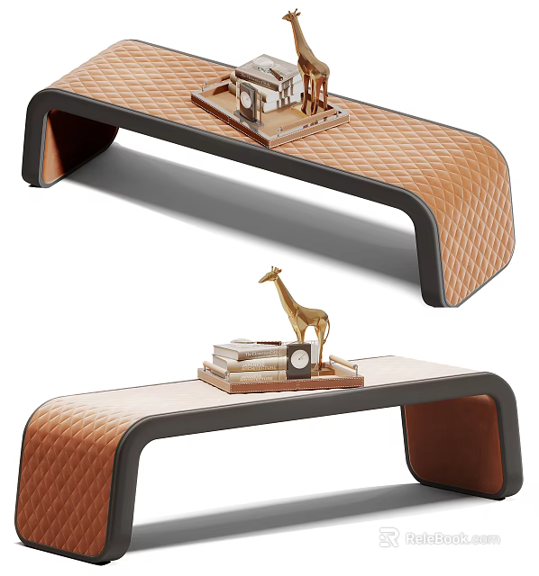 Brown Quilted Leather Bench With Black Frame And Decorative Giraffe Figurine Books Clock 3d model 