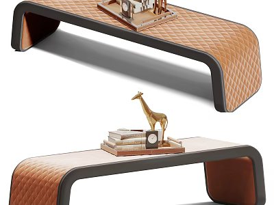 Brown Quilted Leather Bench With Black Frame And Decorative Giraffe Figurine Books Clock 3d model