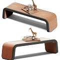 Brown Quilted Leather Bench With Black Frame And Decorative Giraffe Figurine Books Clock