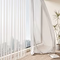 White Sheer Curtains By Window With City View Potted Plant And Book On Carpet