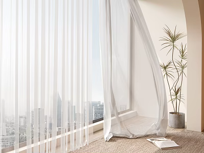 White Sheer Curtains By Window With City View Potted Plant And Book On Carpet 3d model