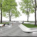 Outdoor Modern Tree Pit Design With Benches Grass Lawn And People Resting
