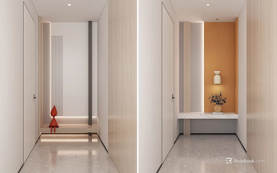 Modern Entryway Hallway Design With Wooden Panels Bench Wall Lamp And Terrazzo Floor 3d model 