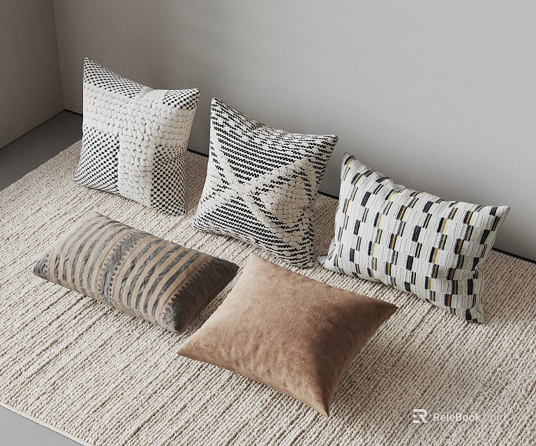 Stylish Throw Pillows With Geometric Striped And Solid Color Patterns On Beige Carpet 3d model 