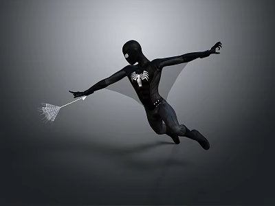 Black Superhero In Flying Pose With White Spider Symbol And Web Shooter 3d model
